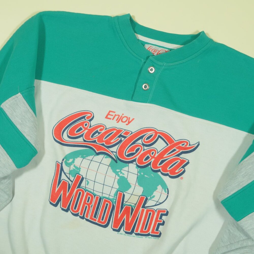 Vintage 1980s Coca Cola Worldwide Sweatshirt Mens M Teal White Henley Collar